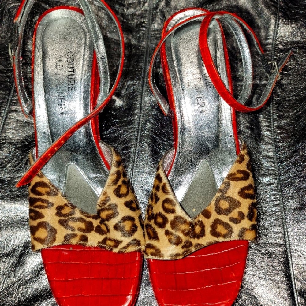 Sexy red velvet leopard horse hair heels